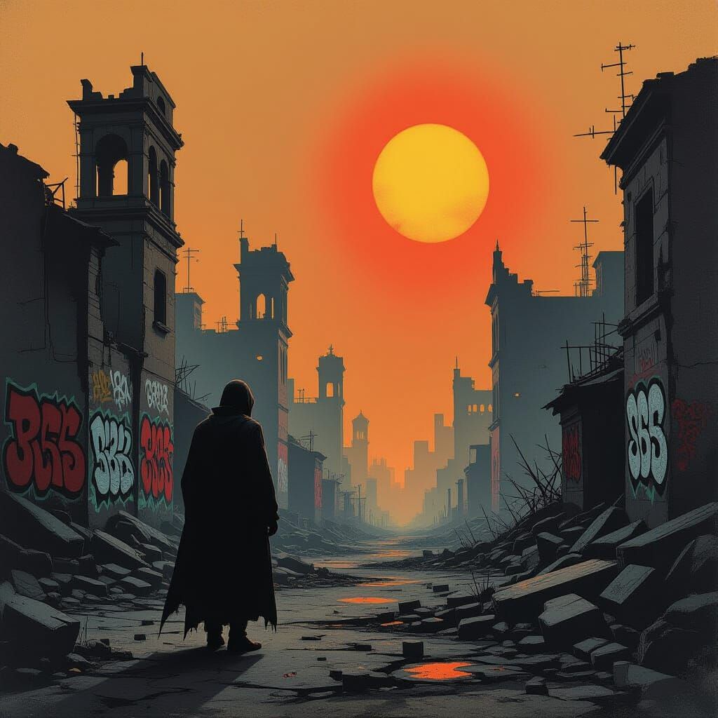 Lone Figure in Ruined City at Sunset
