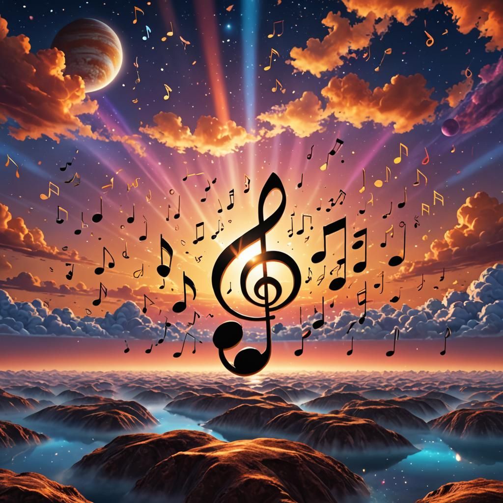 Cosmic Serenade: 3D Musical Notes at Sunset