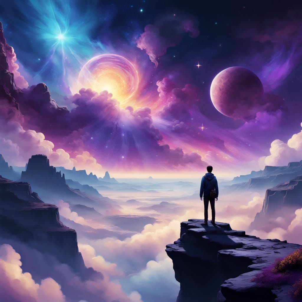 Traveler Gazing at Nebula in Dreamy Landscape