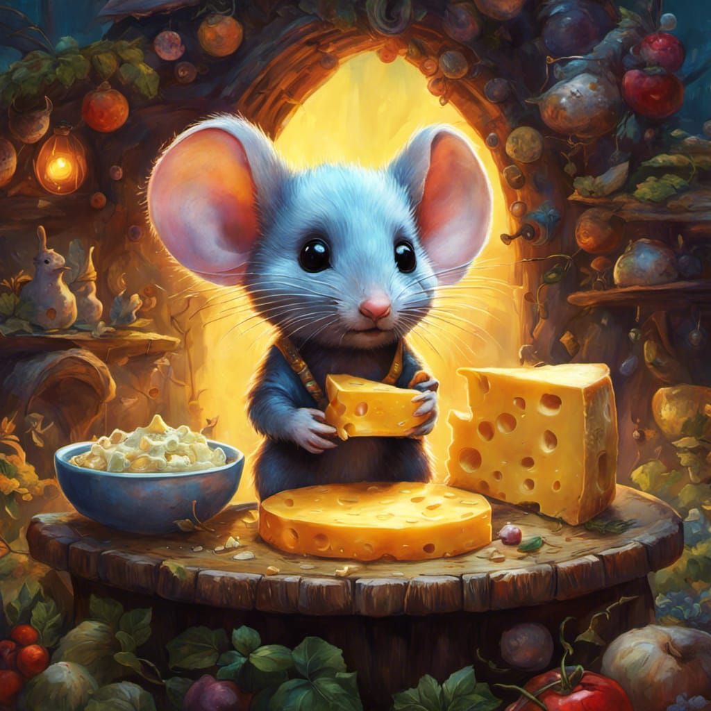Cute Chibi Mouse Seated at Cheese Table