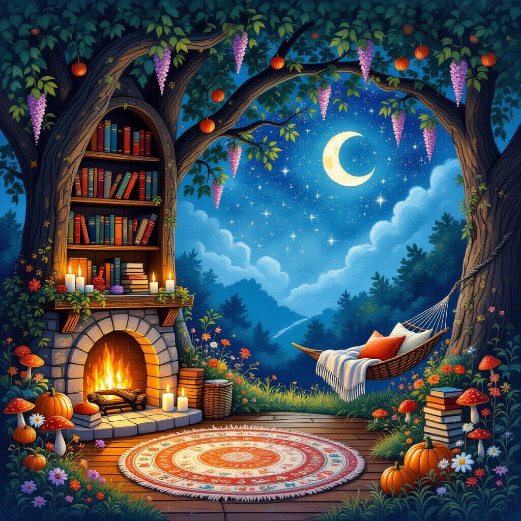 Enchanting Autumn Night Library in Impressionistic Style