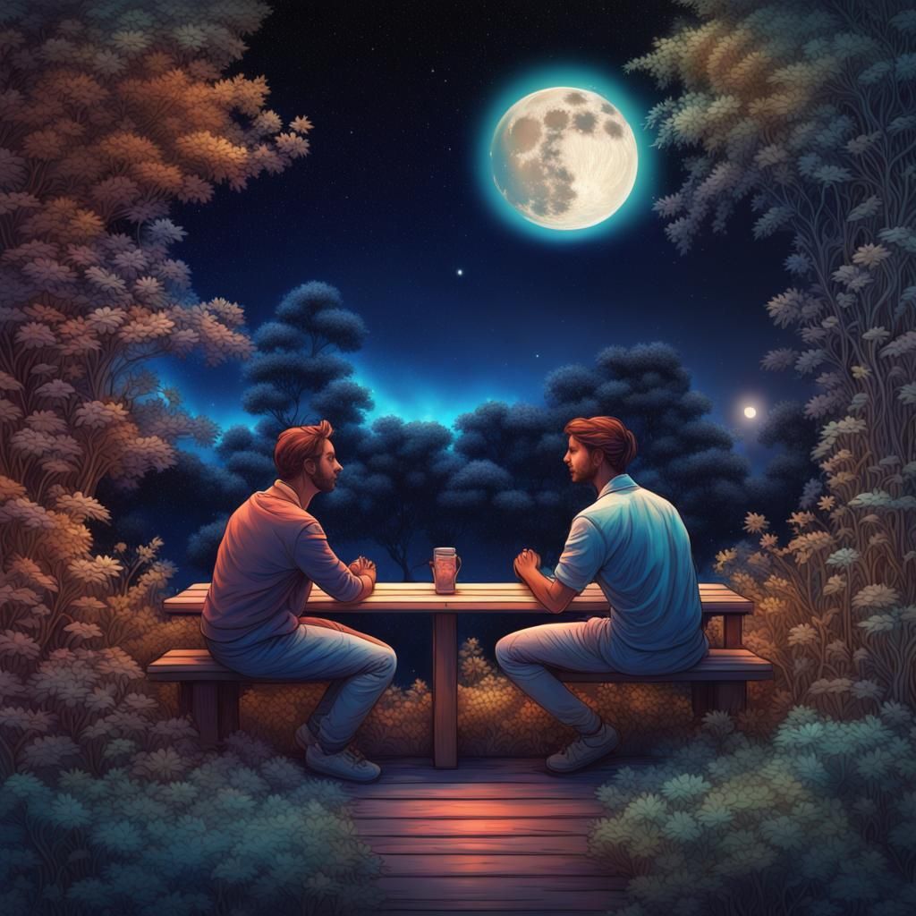 Couple Watching Moon: Pablo Amaringo Style Illustration