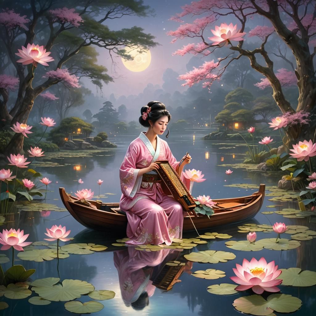 Moonlit Kimono Harpist in Ethereal Fantasy Style