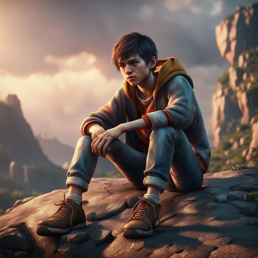 Crying Boy on Rock: 3D Game Cinematic Render