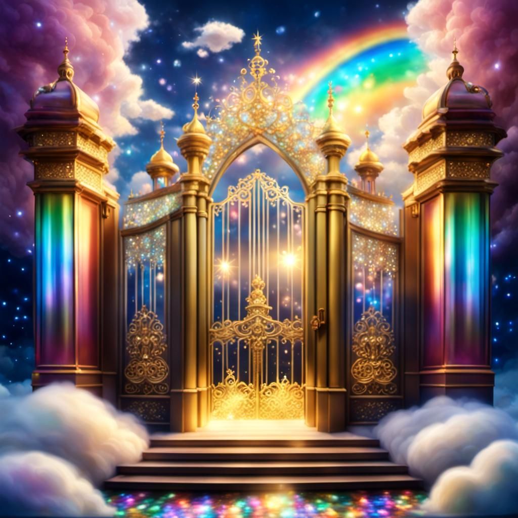Golden Gates of Heaven with Rainbow Clouds