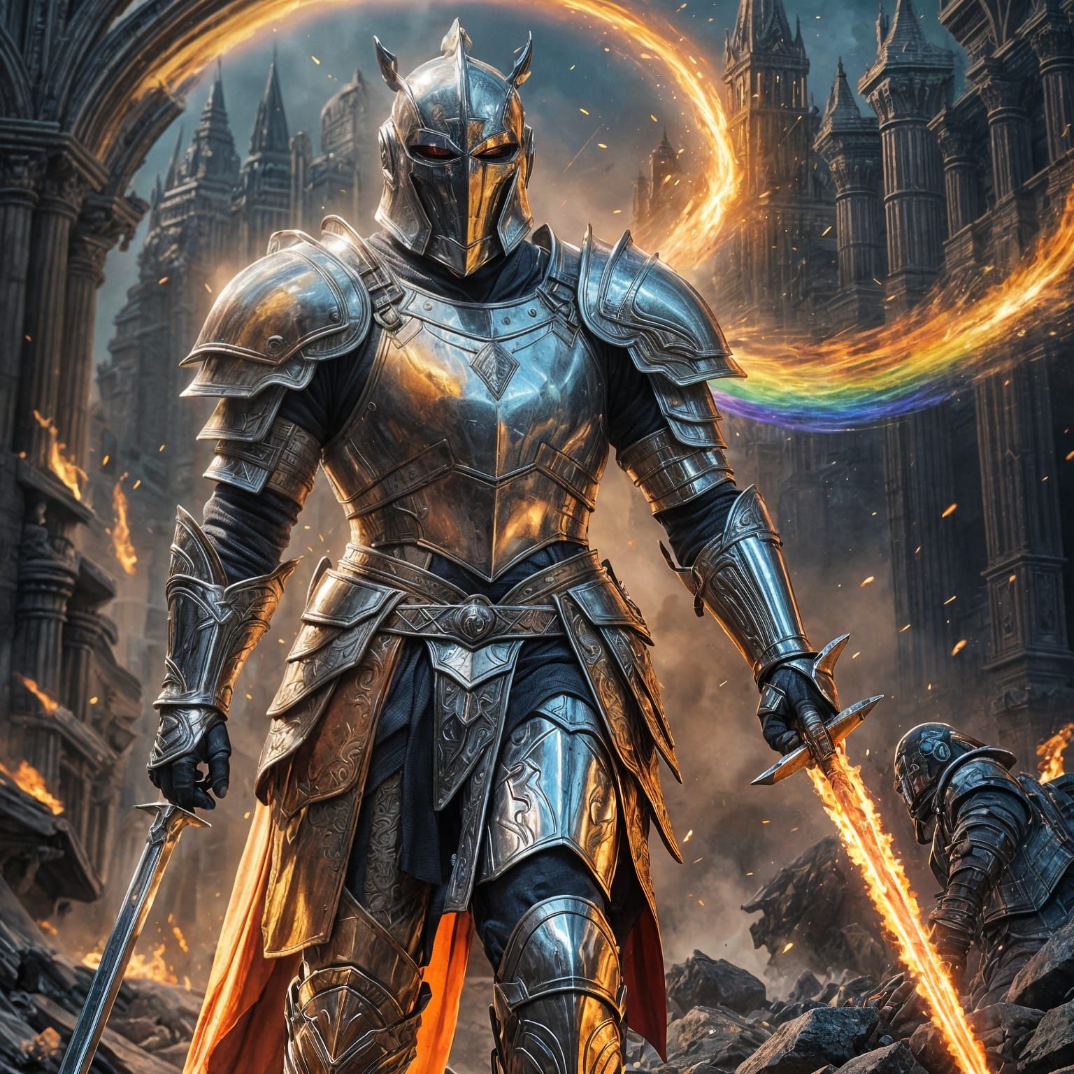 Epic Knight in Silver Armor with Rainbow Fire