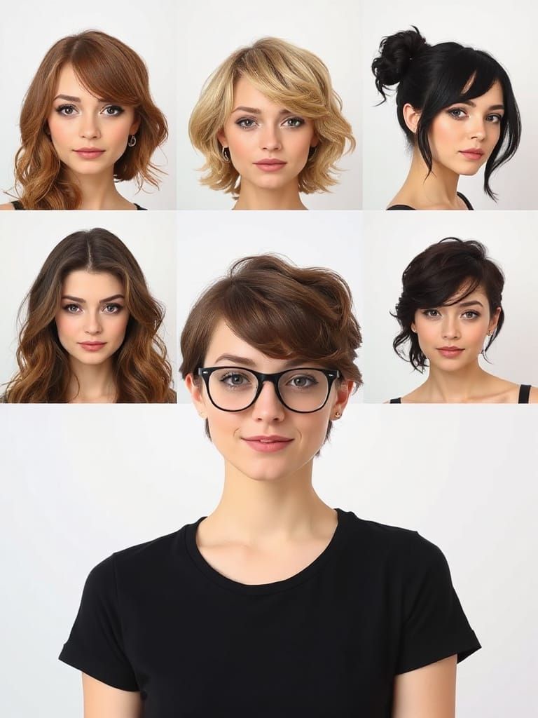 Woman's Different Hairstyles Grid with Glasses & Black T-Shi...