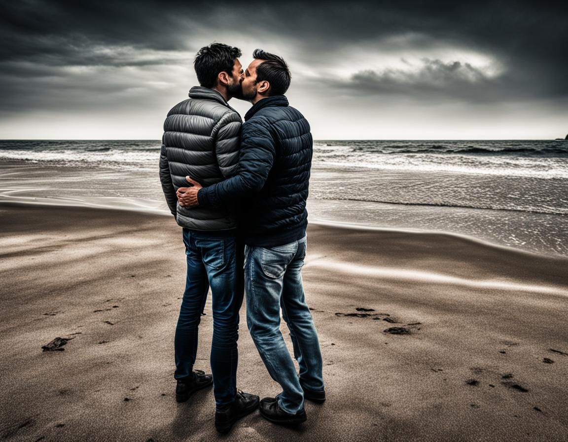 Men Kissing on Beach: Hyperrealistic Image