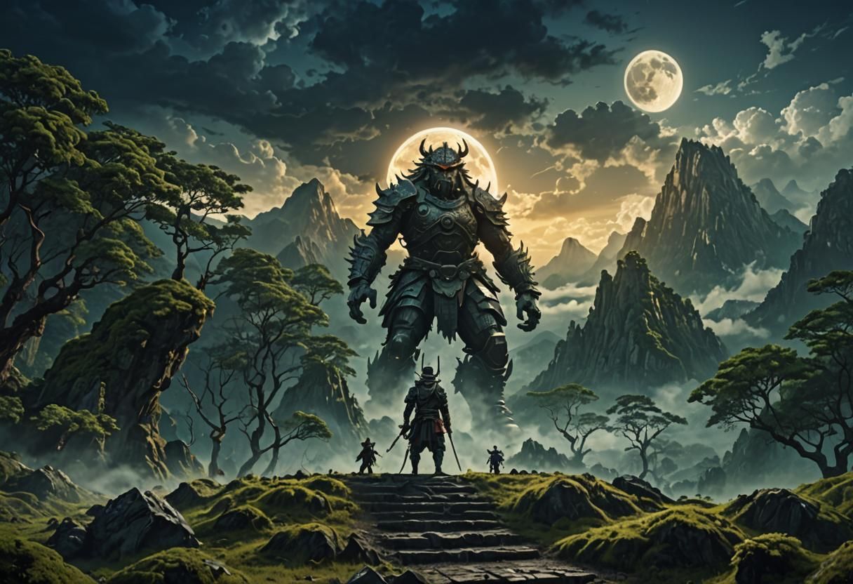 Goliath Statue Guards Ancient Mountain in Sci-Fi World