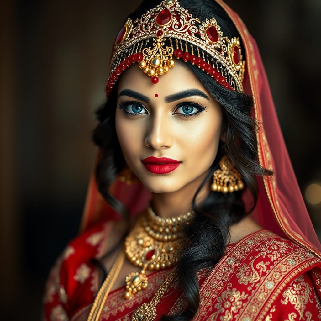 Indian Bride in Elegant Red and Gold Saree, Cyberpunk-Inspir...