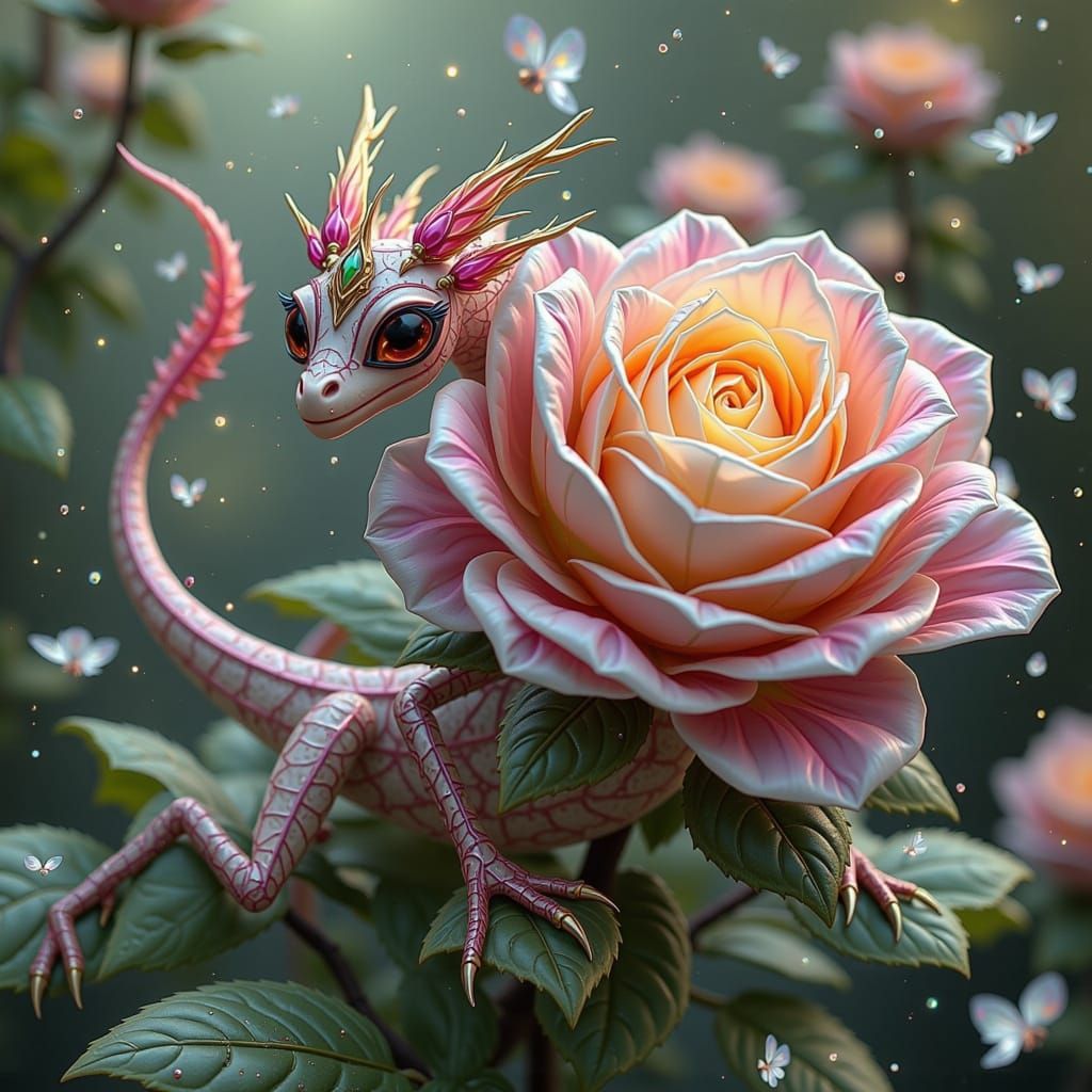 Enchanted Rose-Dragon Hybrid in Vibrant Floral Mythical Form...