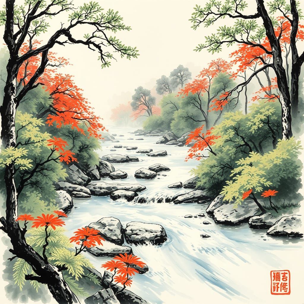 River Flowing Through Forest: Ink Wash Painting