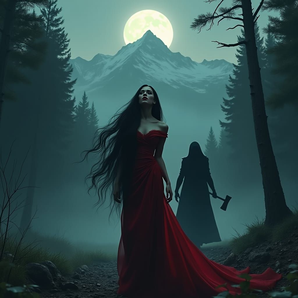 Terrified Woman in Forest, Dark Fantasy Concept Art