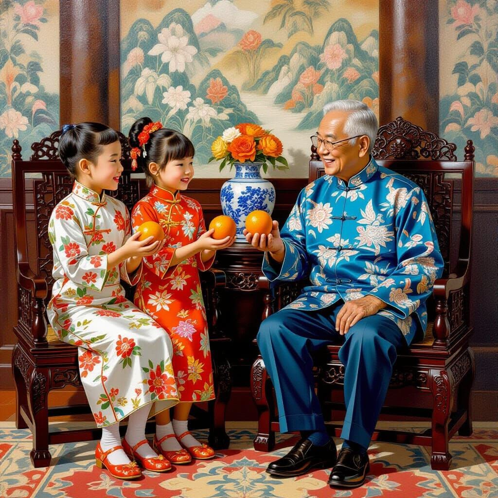 Children Presenting Oranges in Traditional Style