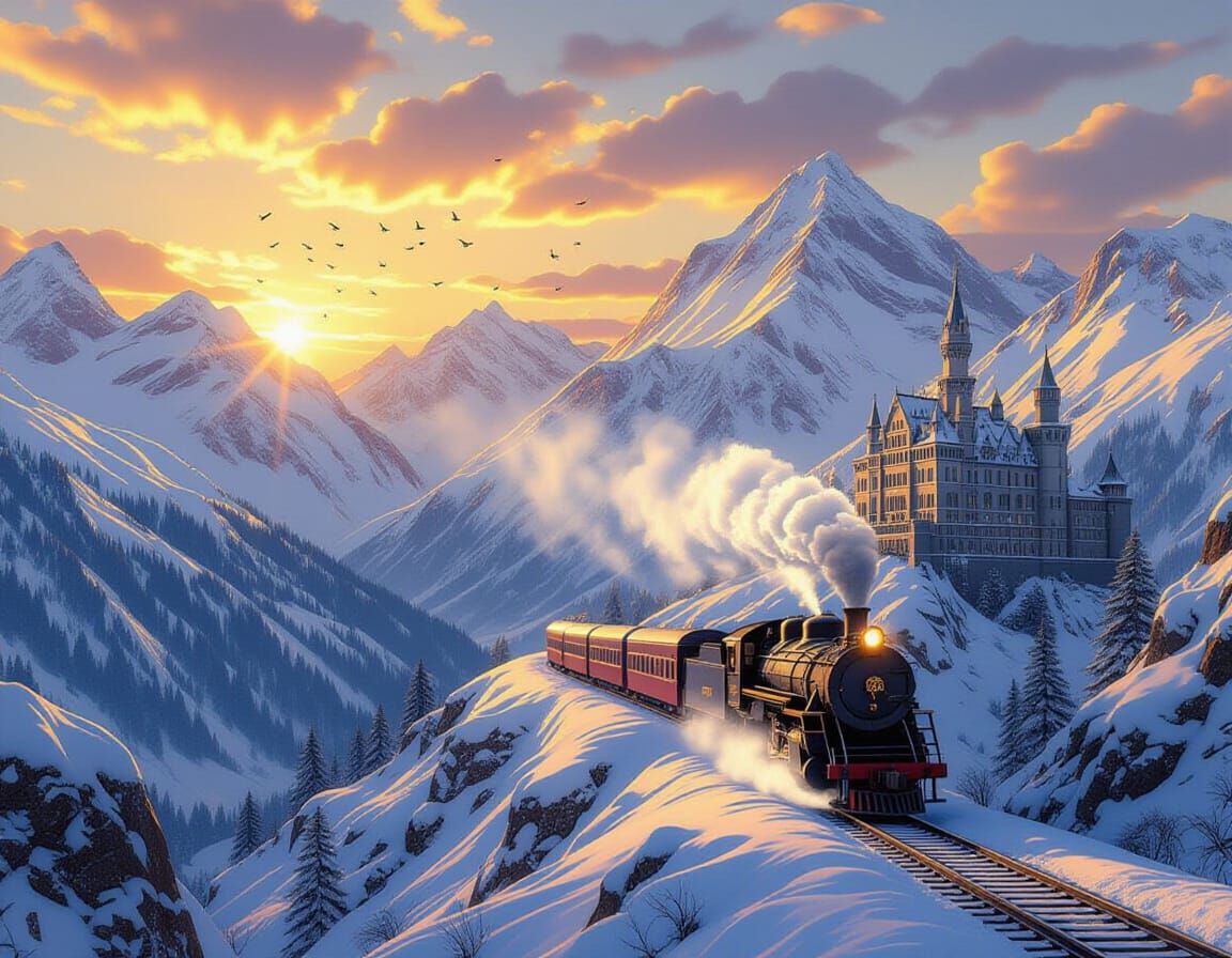 Steam Train Through Snowy Mountains at Golden Sunset