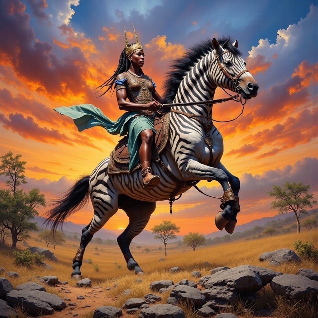 Surreal African Warrior Princess Tames Majestic Zebra Steed ...