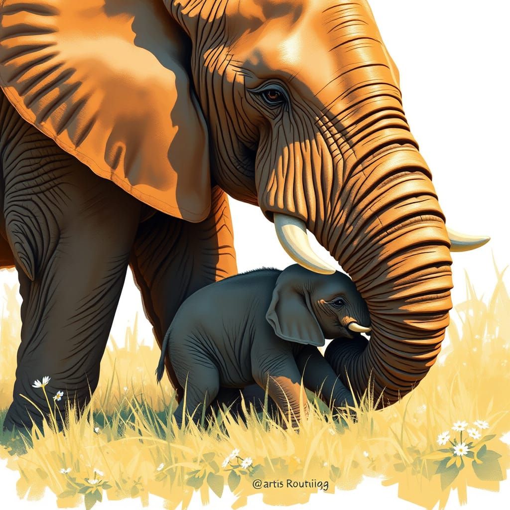 African Elephant Mother Tenderly Cares for Newborn Baby in I...