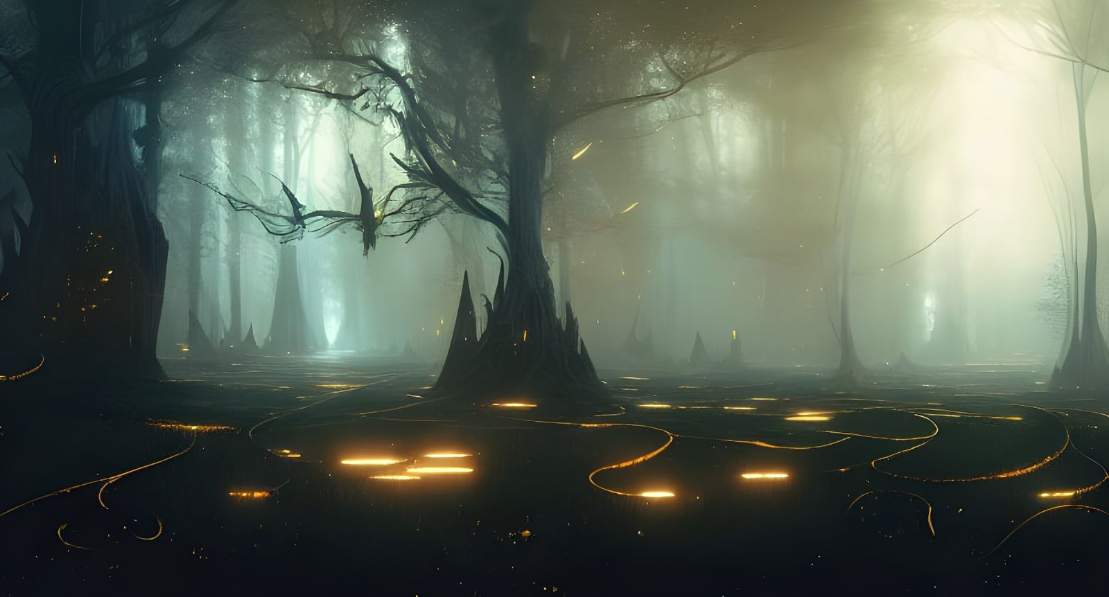 Cosmic Forest in Black, White, Teal, and Gold