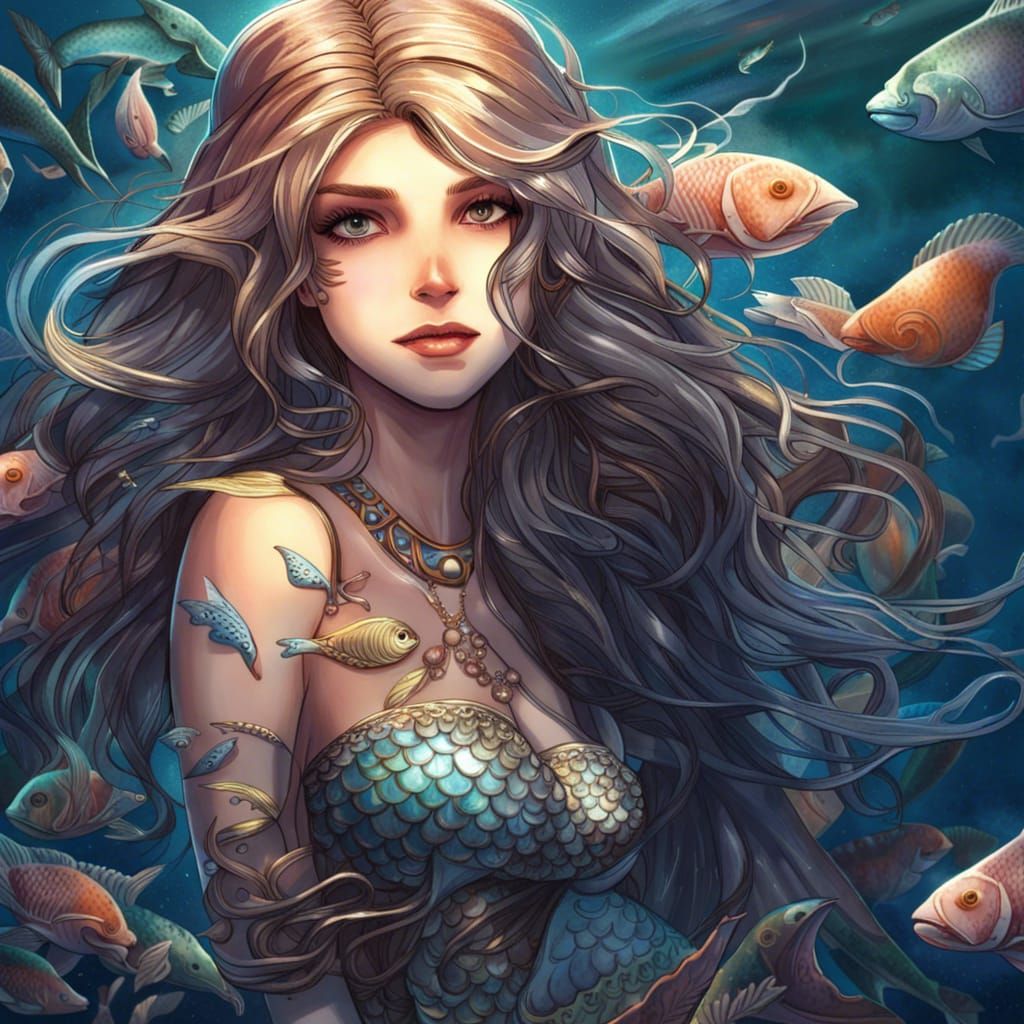 Anime Mermaid in Moonlight, Detailed Digital Art