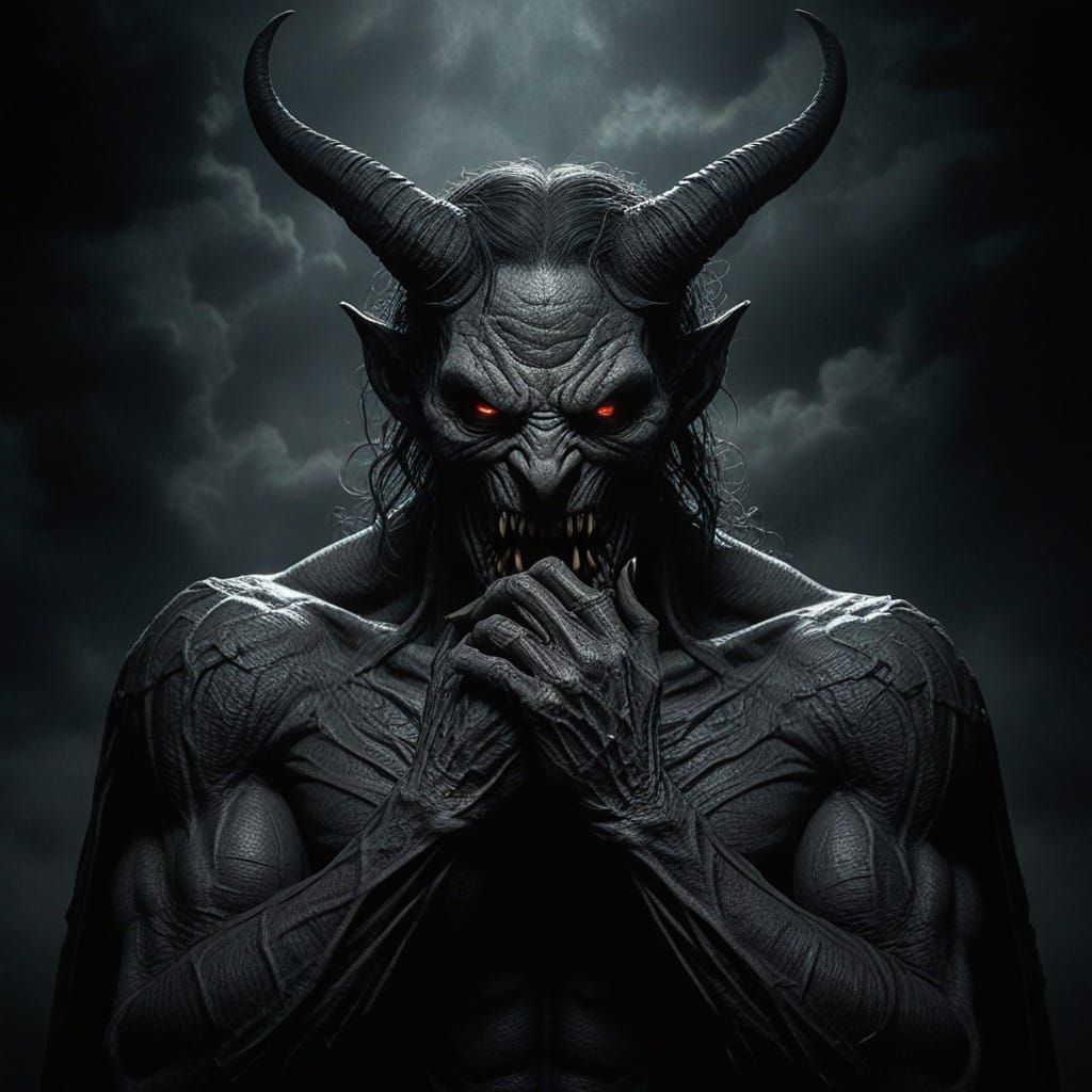 Towering Demon Overwhelmed by Regret in Dark, Ominous Gothic...