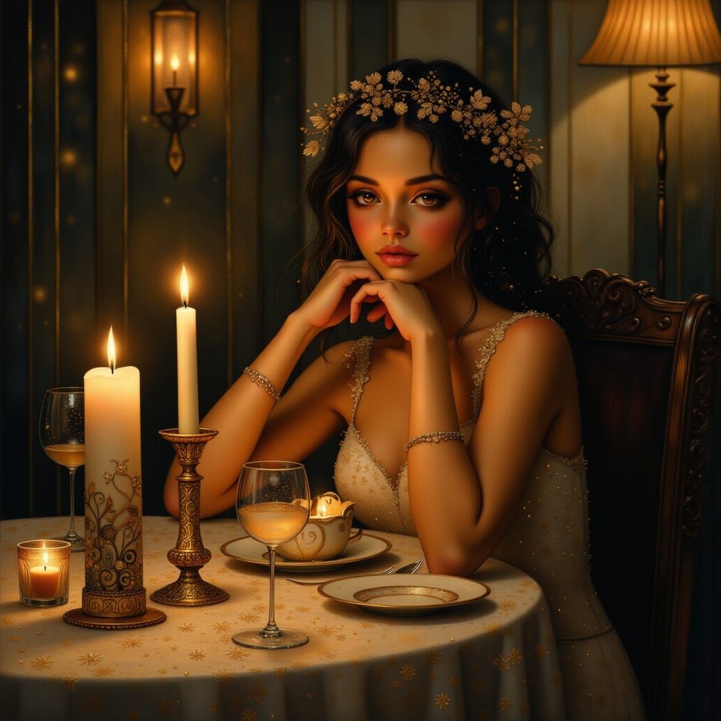 Elegant Woman Posing in Luxurious Candlelit Room