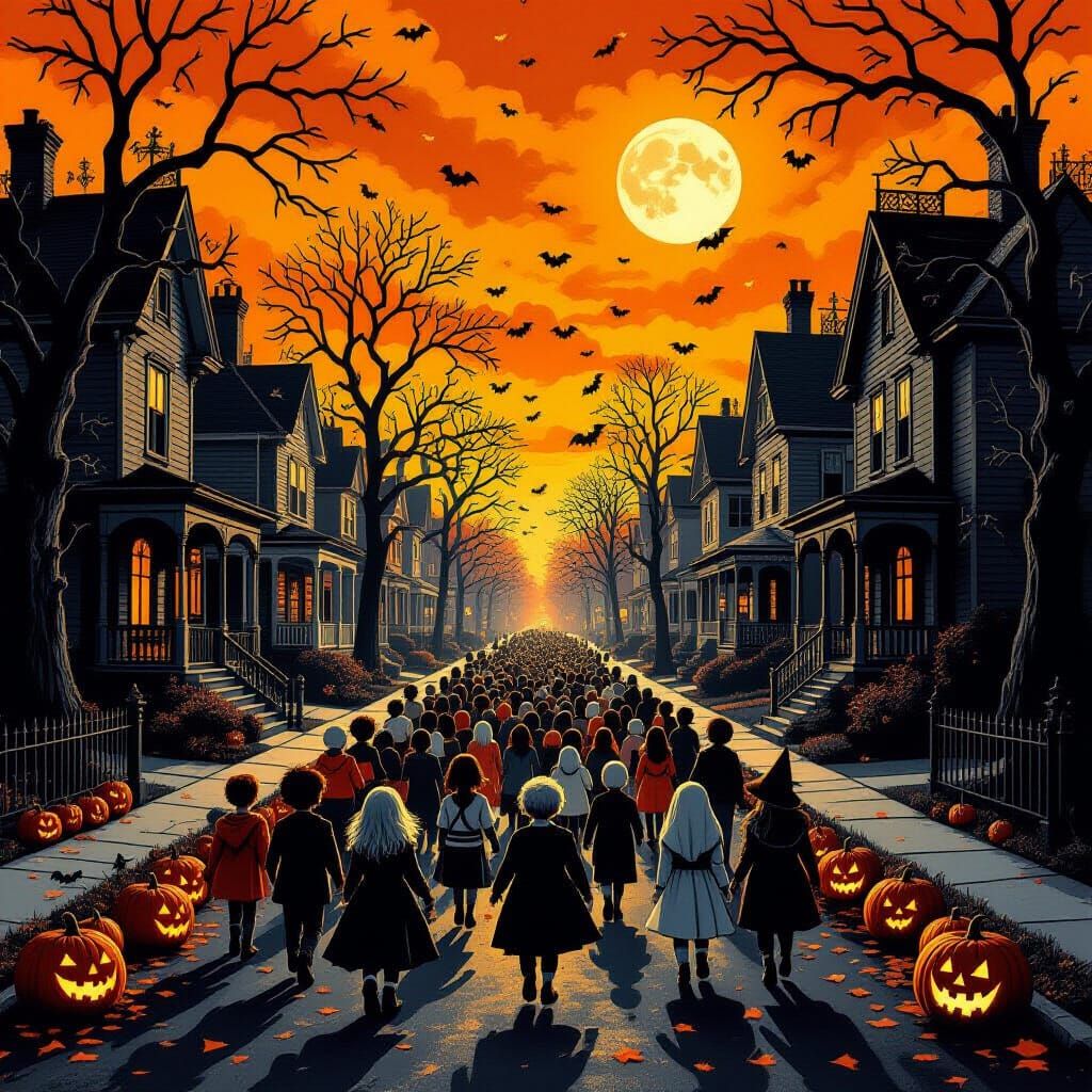 Gothic Halloween Street Scene with Costumed Children