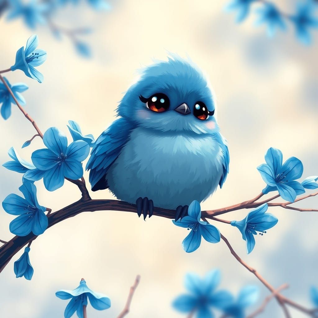 Charming Anime Bird Sits on Branch with Vibrant Blue Flowers