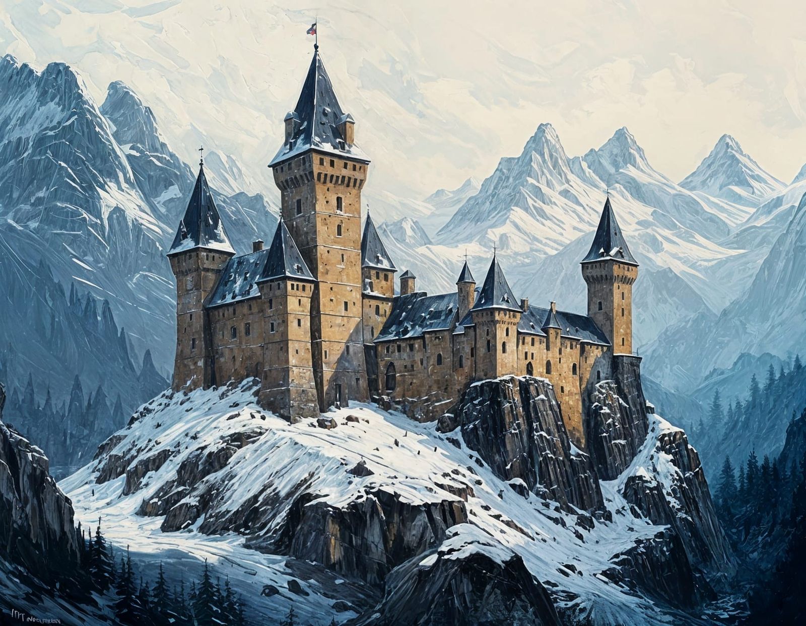 Medieval Winter Castle in Impasto Abstract Style