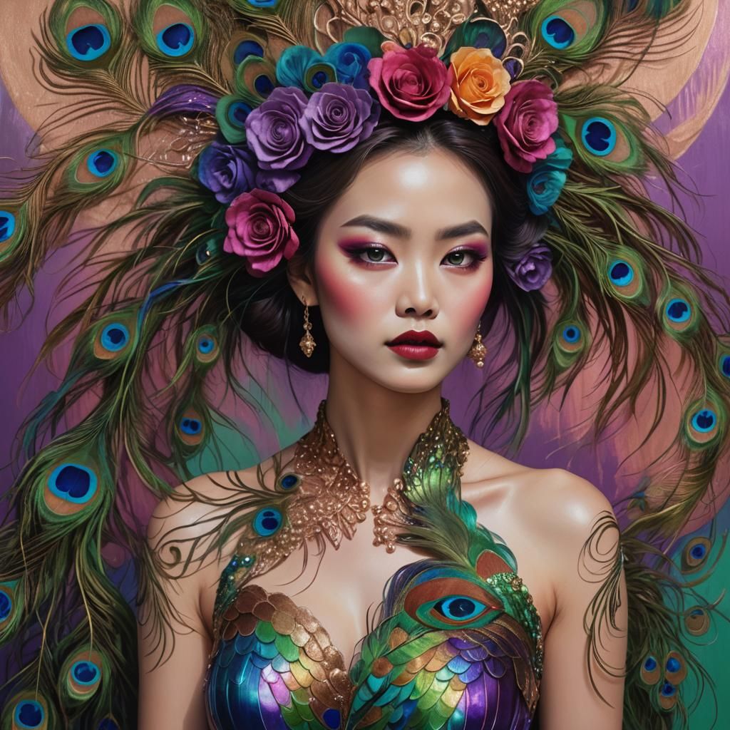 Rose Gold Woman with Peacock Feathers, Fantasy Art