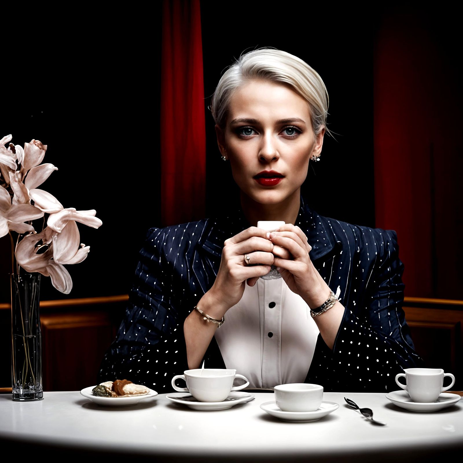 Elegant Woman in Cafe: Photorealistic High Fashion Portrait