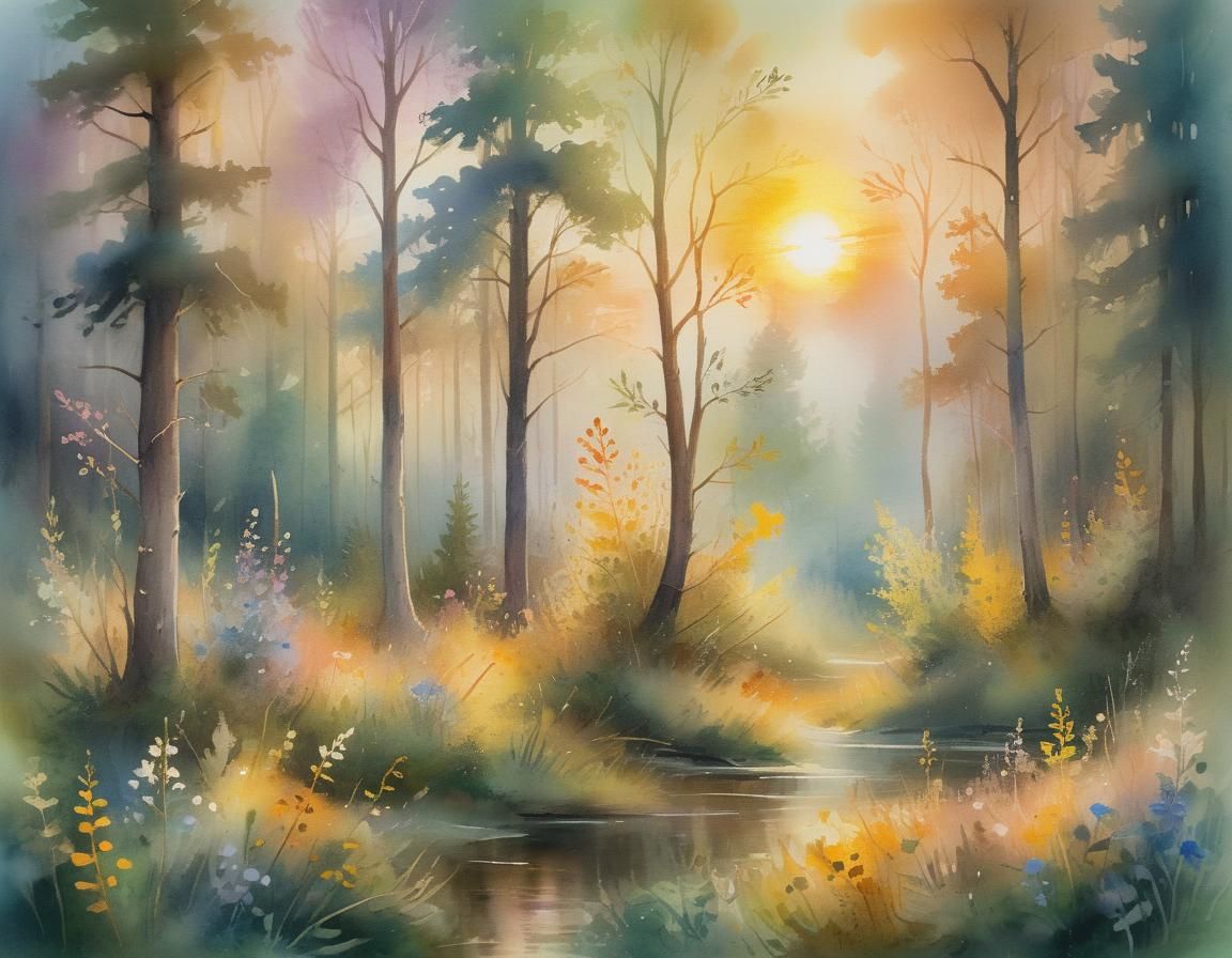 Whimsical Forest at Dusk in Watercolor Gouache