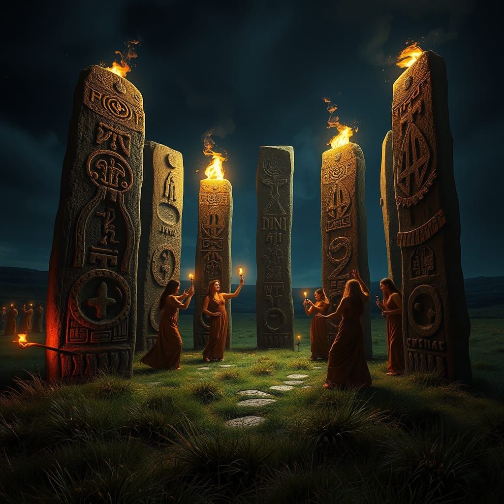 Druids Dancing Among Rune Stones at Night