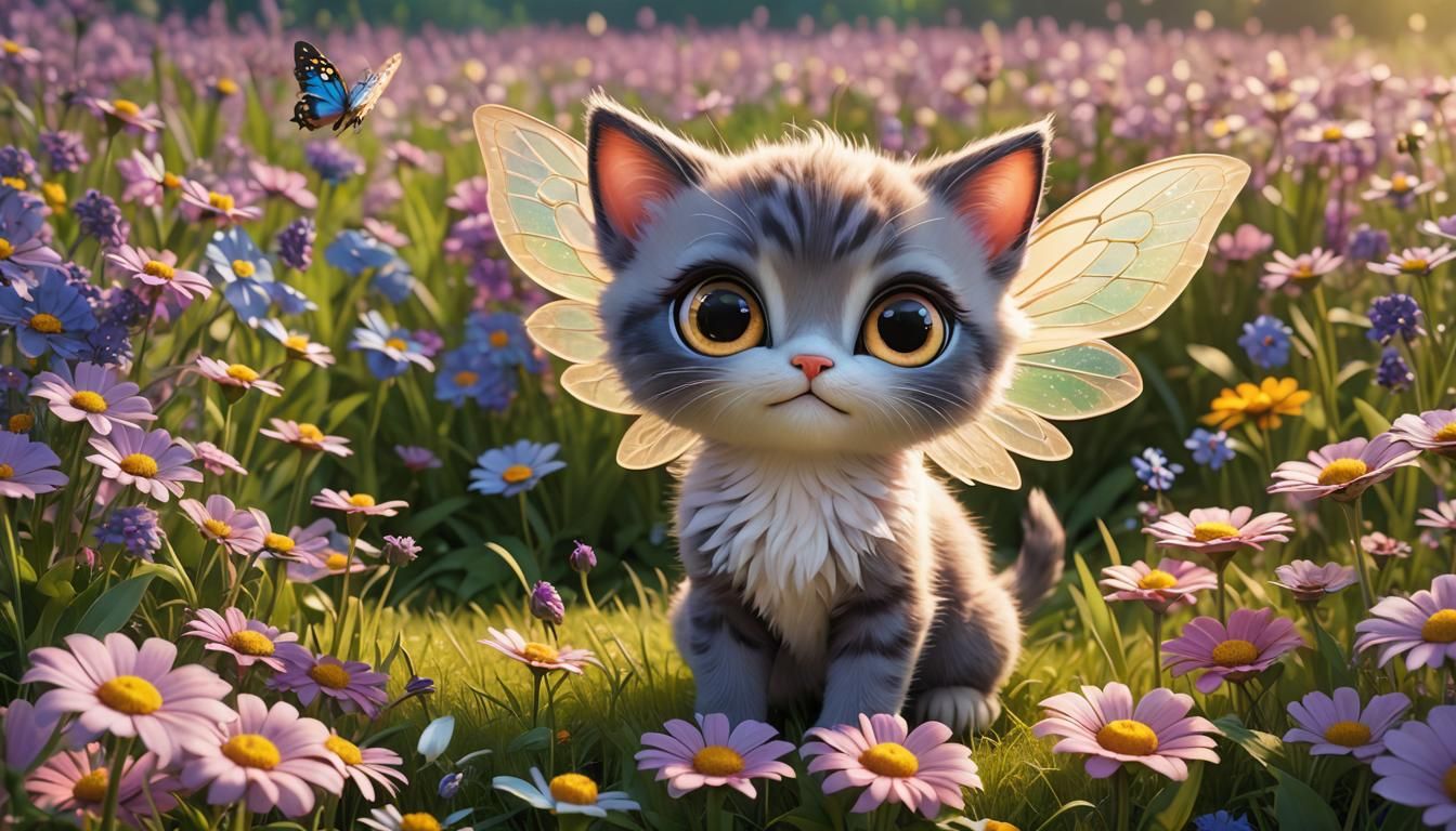 Adorable Fairy Kitten in Sunny Meadow: 3D Digital Art