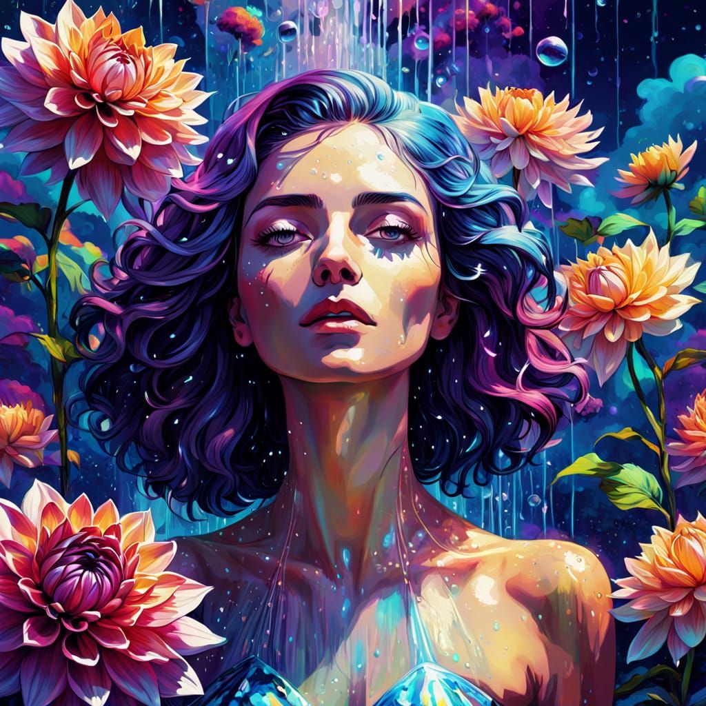 Woman Emerges From Dahlia Shower in Cosmic Scene