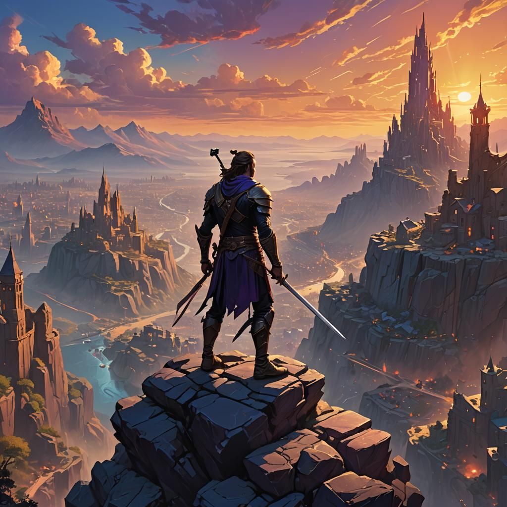 Warrior Overlooking Fantasy City at Sunset