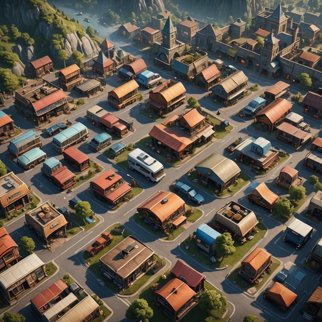 Aerial View of Motorhome Village, Detailed Matte Painting