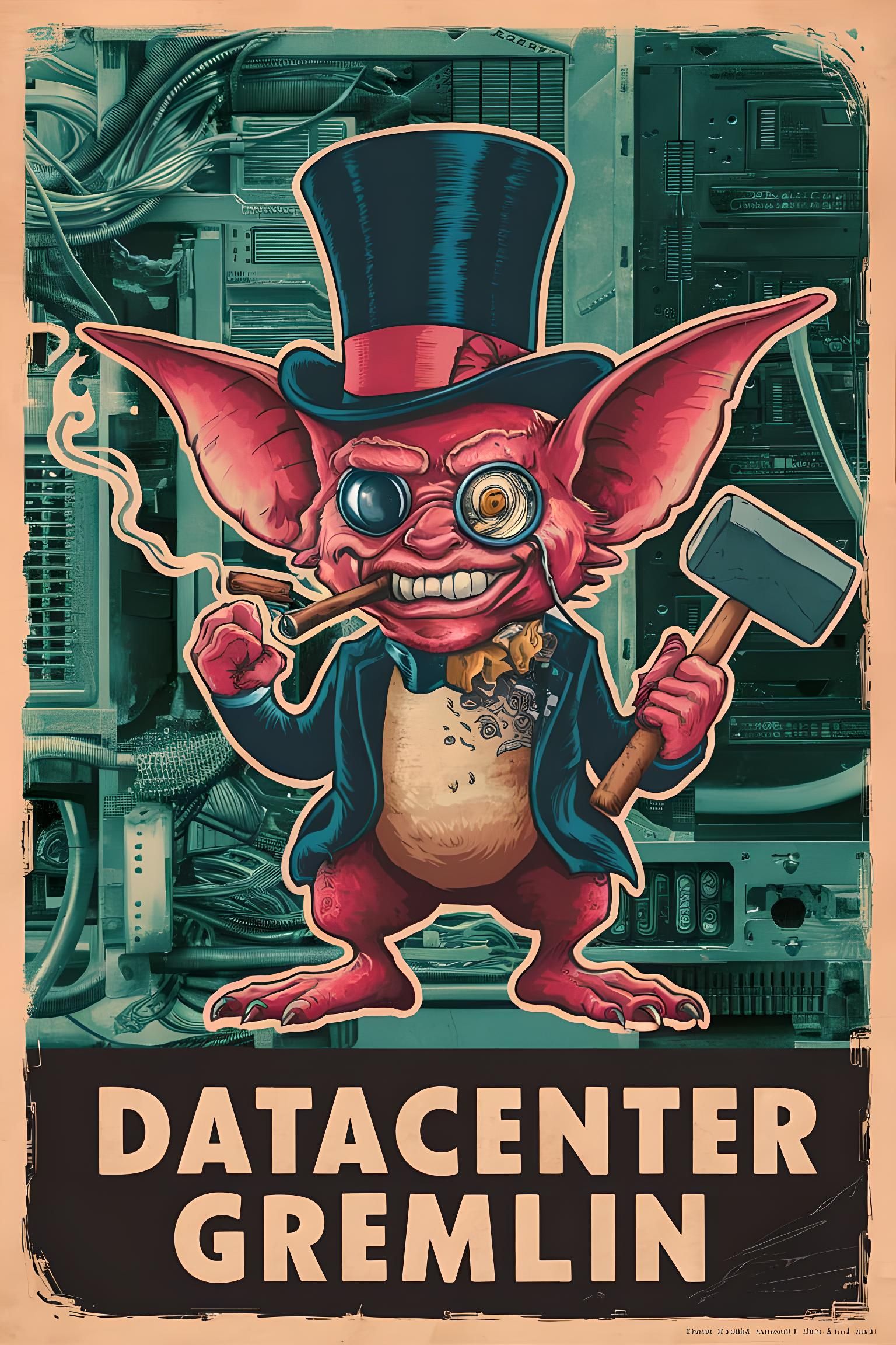 Mischievous Datacenter Gremlin in Steampunk Propaganda Poste...