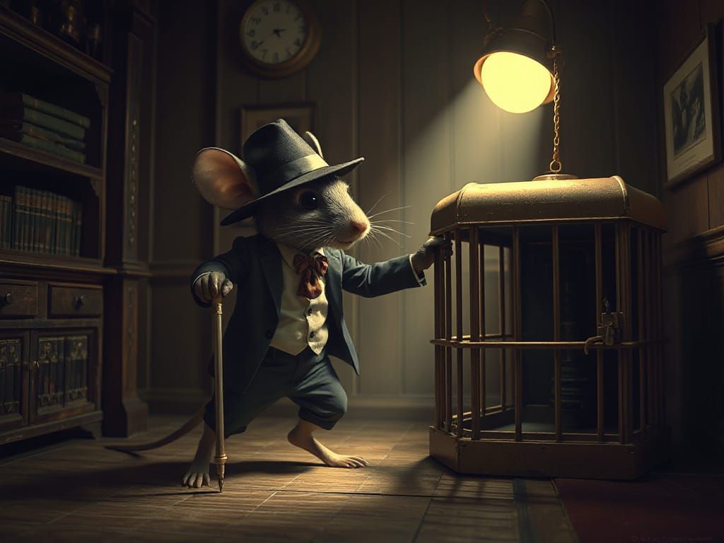Spy Mouse Escapes Vintage Mouse Trap in Film Noir Style