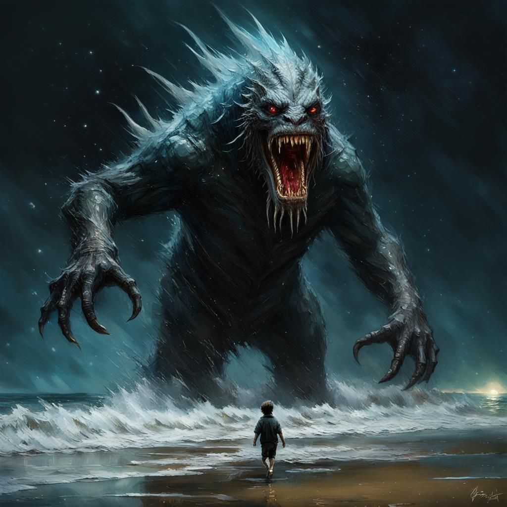 Giant Water Monster Emerges on Beach at Night