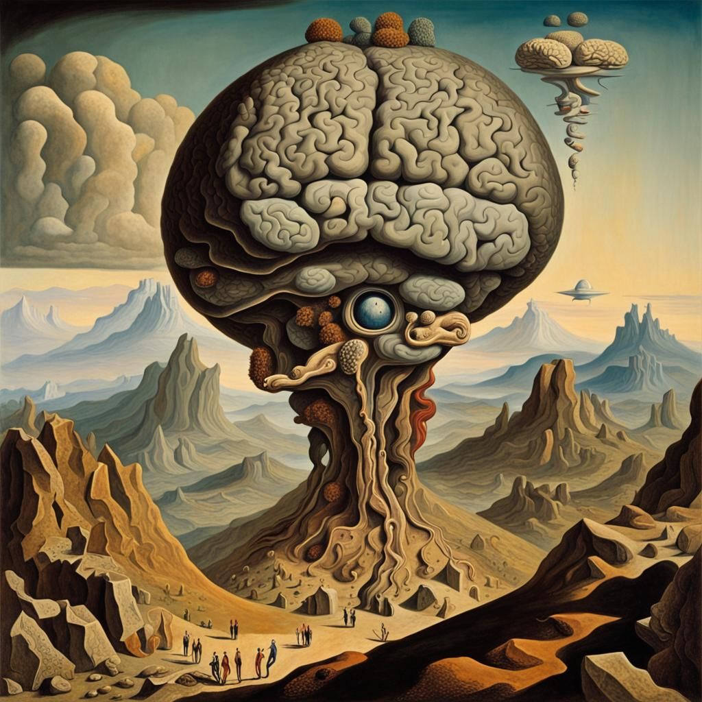 Surreal Brain Landscape with Spaceship Landing