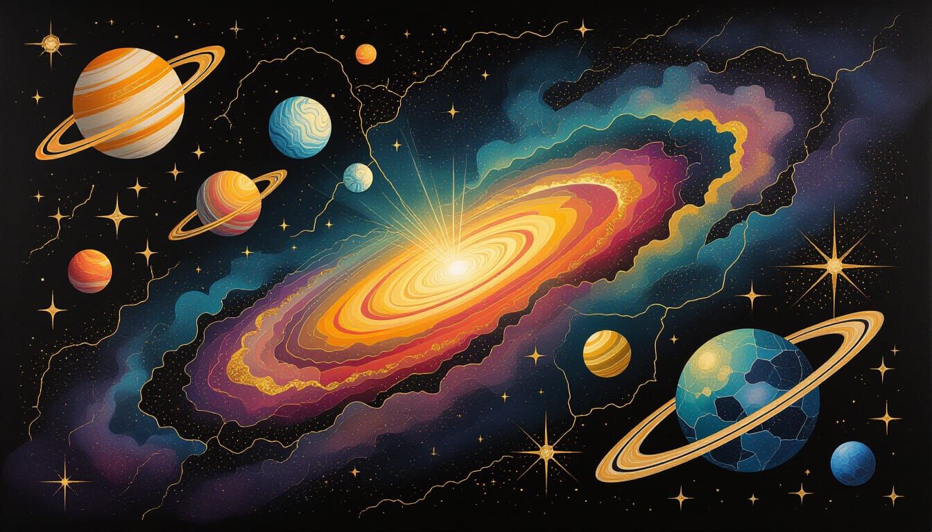 Cosmic Scene with Gold Accents and Watercolor Textures