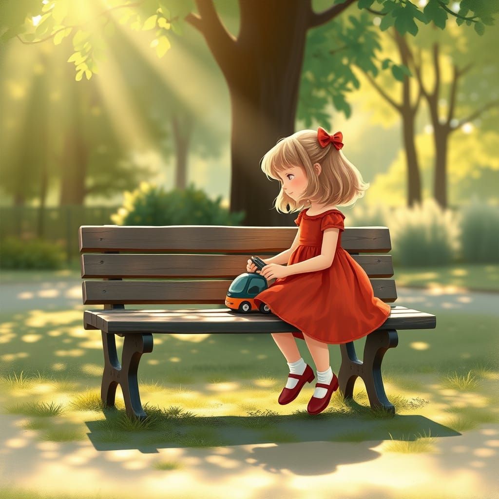 Girl in Red Dress with Toy Car in Sunlit Park