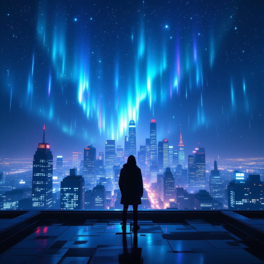 Lone Figure on Rooftop Overlooking Neon City