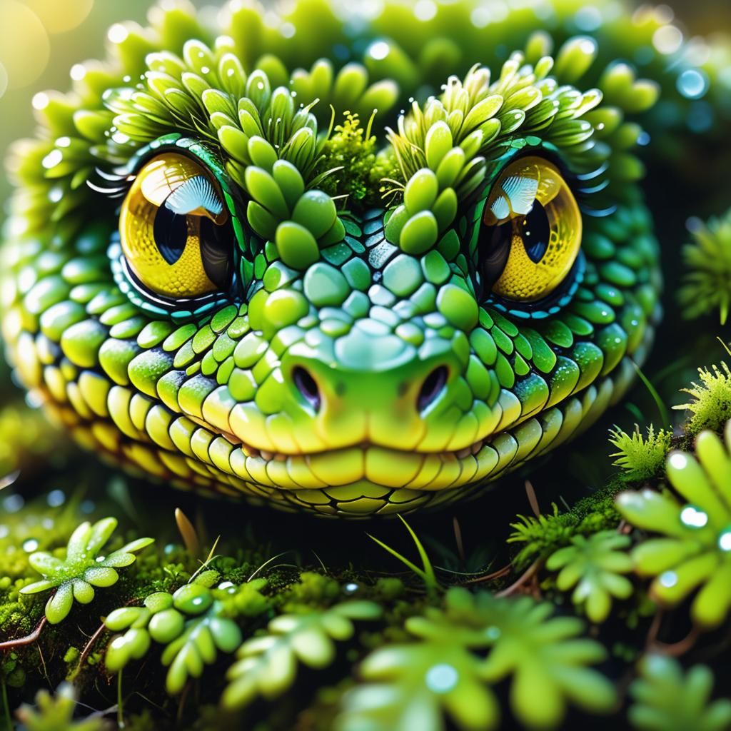 Moss Snake Portrait: Whimsical Forest Creature