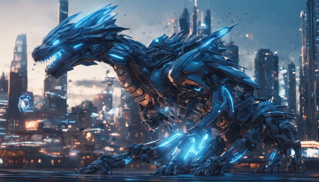Futuristic Cityscape with Blue Dragon Hologram