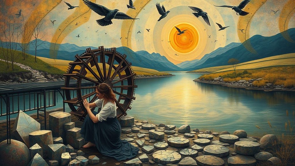 Dreamlike Waterwheel Scene in Whimsical Artistic Style