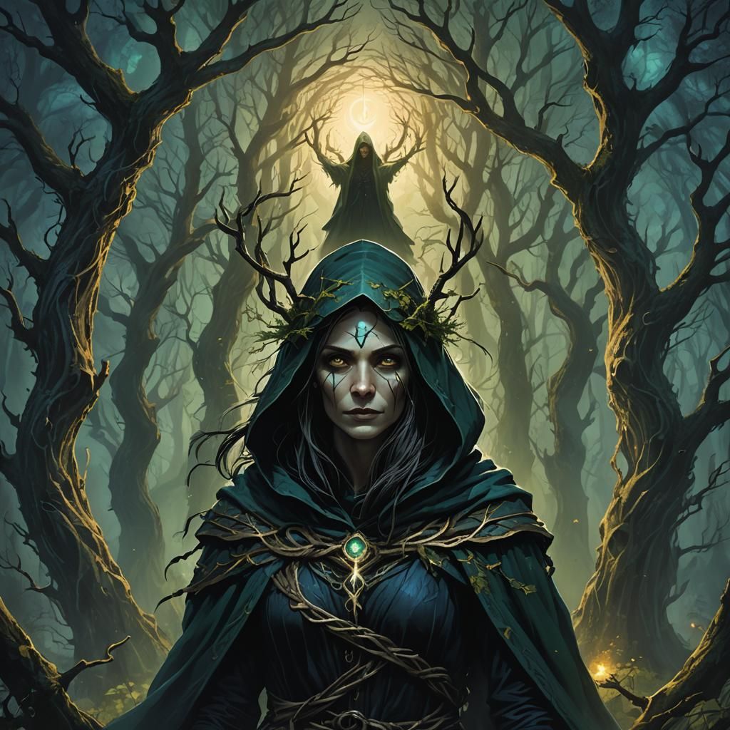 Mysterious Hooded Witch in Dark Fantasy Forest