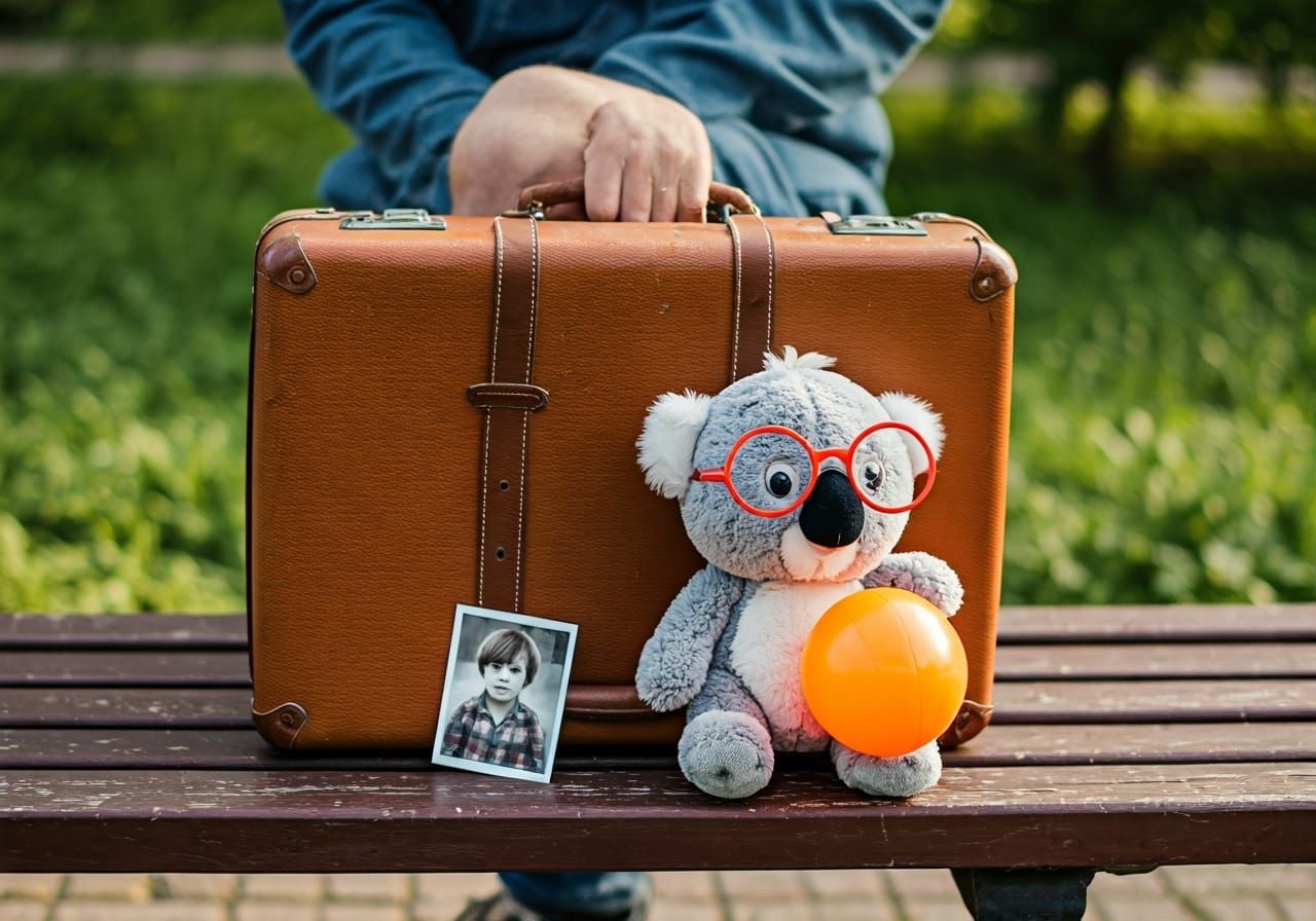 Man with Suitcase and Koala Toy on Bench