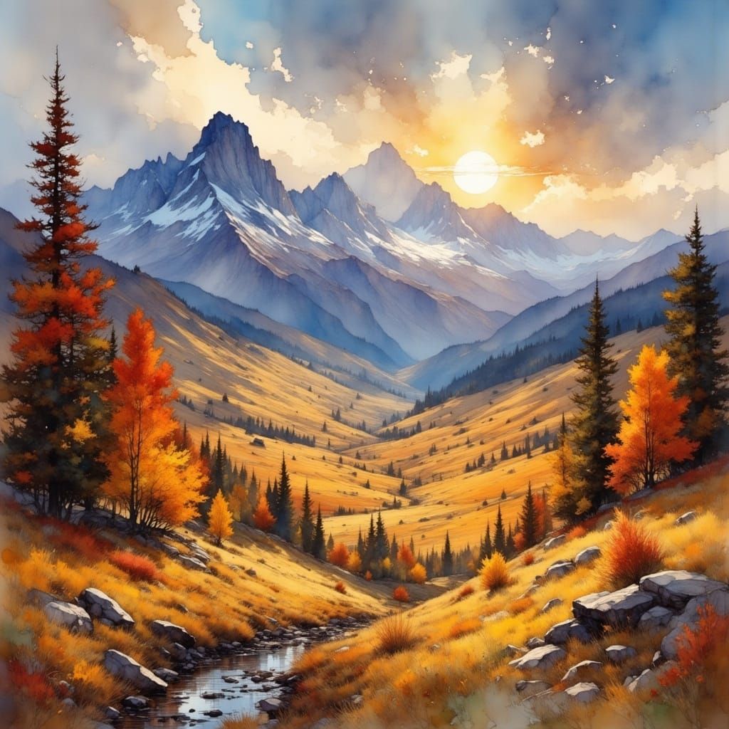 Vibrant Autumn Mountain Landscape in Thomas Moran Style