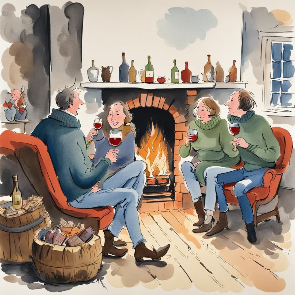 Friends Relaxing by Fire, Quentin Blake Style